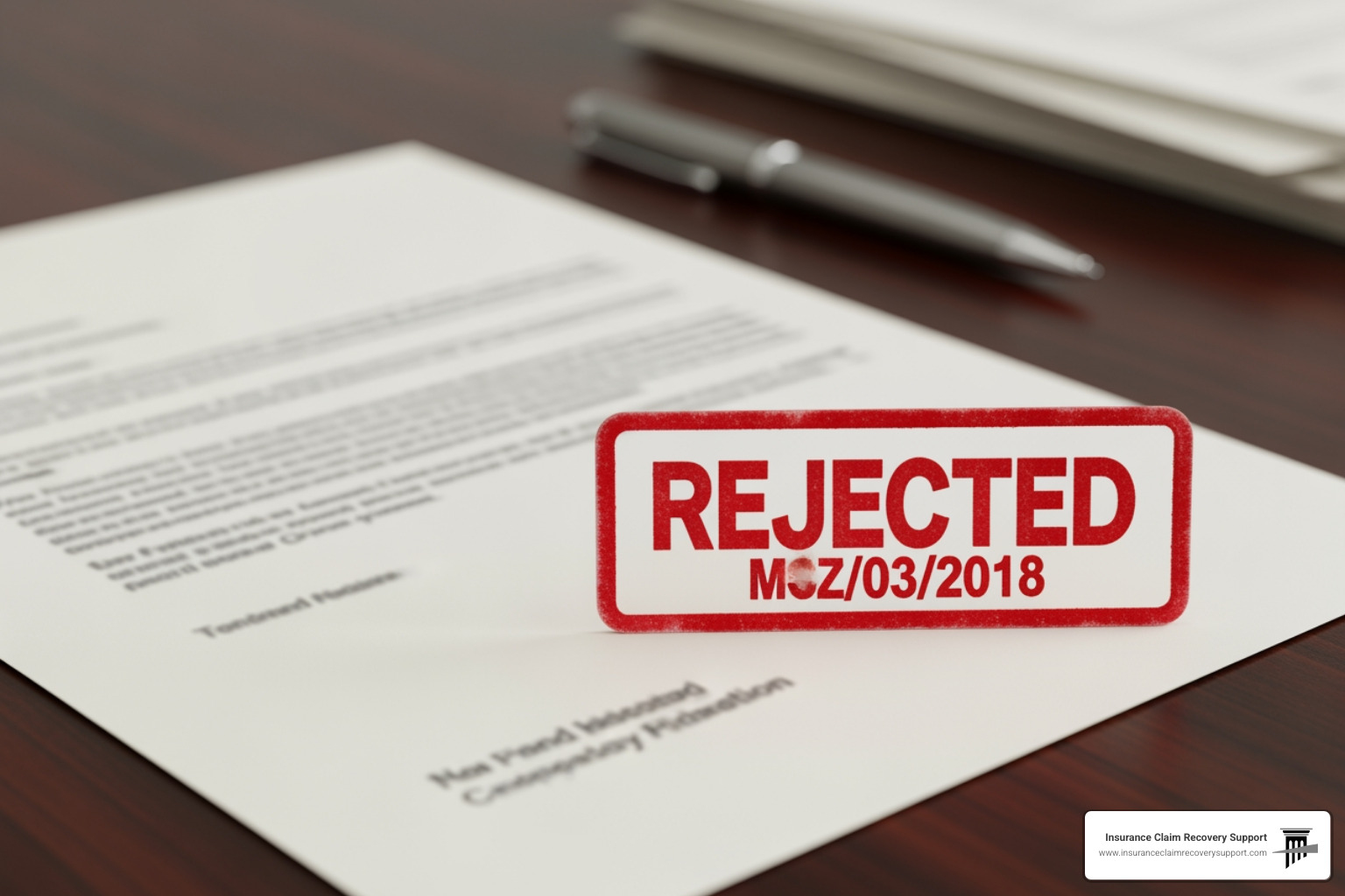 Rejected claim stamp on document, emphasizing challenges in commercial property damage claims and the importance of legal support in negotiating with insurers.