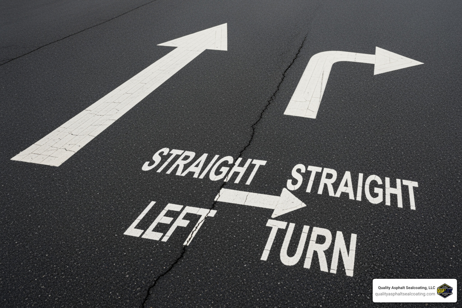 showing different types of arrow stencils on pavement: a straight arrow, a right-turn arrow, and a combination straight/left arrow. - parking lot directional arrows