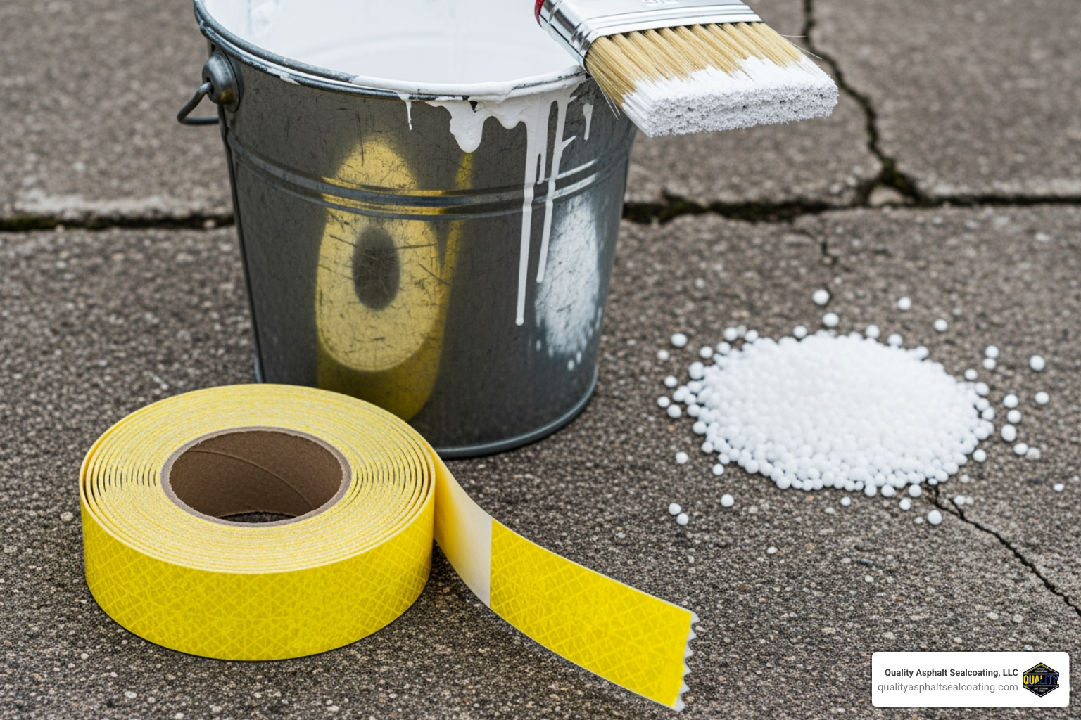 different pavement marking materials like a roll of tape, a bucket of paint, and thermoplastic beads - pavement marking services