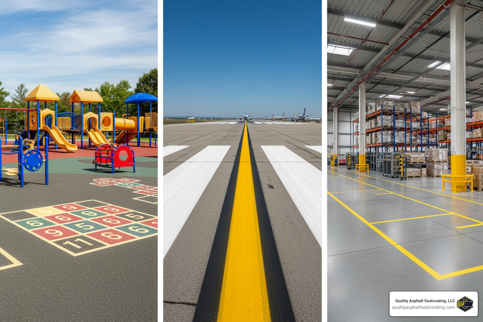 collage showing diverse applications: a playground with hopscotch, an airport runway, and a warehouse floor with safety lines - pavement marking services