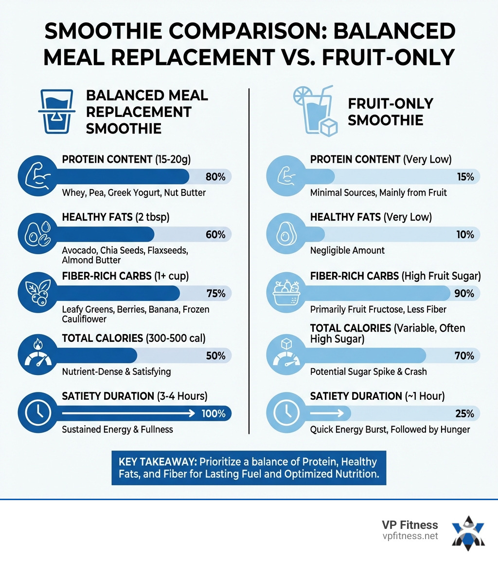 infographic showing the nutritional breakdown of a balanced meal replacement smoothie versus a fruit-only smoothie, with sections for protein content, healthy fats, fiber-rich carbs, total calories, and satiety duration - Meal replacement smoothies infographic infographic showing the nutritional breakdown of a balanced meal replacement smoothie versus a fruit-only smoothie, with sections for protein content, healthy fats, fiber-rich carbs, total calories, and satiety duration - Meal replacement smoothies infographic