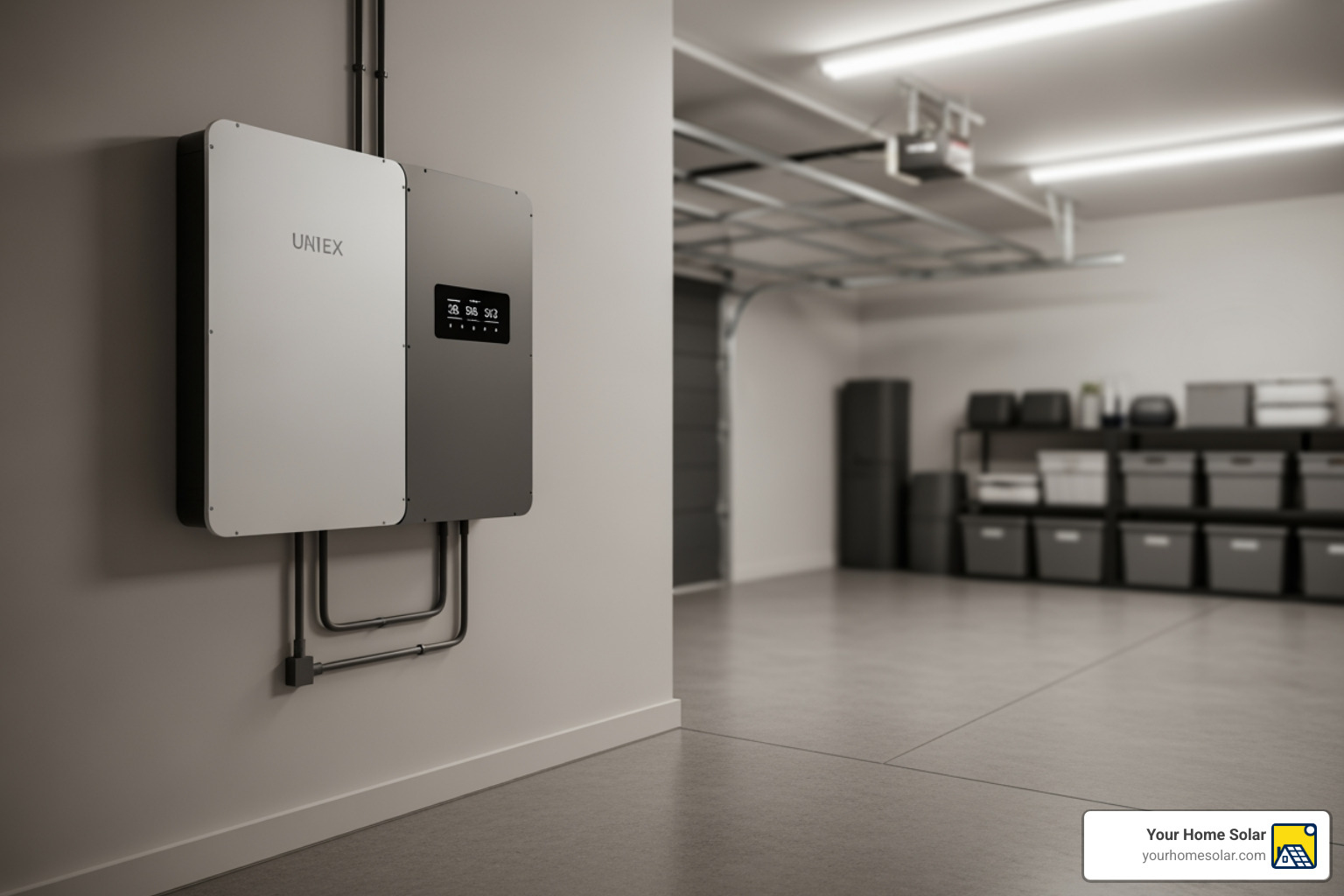 Home solar battery system installed in a garage, showcasing a sleek, modern design - average cost of solar panels per kilowatt Home solar battery system installed in a garage, showcasing a sleek, modern design - average cost of solar panels per kilowatt