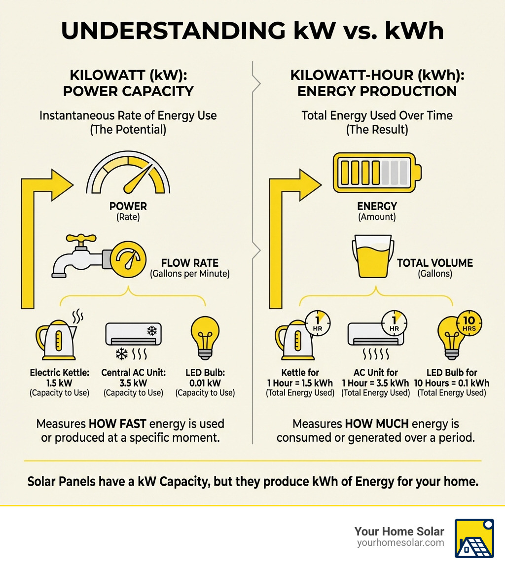 Infographic showing the difference between a kilowatt (kW) of power capacity and a kilowatt-hour (kWh) of energy production, with examples of common household appliances and their power consumption - average cost of solar panels per kilowatt infographic Infographic showing the difference between a kilowatt (kW) of power capacity and a kilowatt-hour (kWh) of energy production, with examples of common household appliances and their power consumption - average cost of solar panels per kilowatt infographic