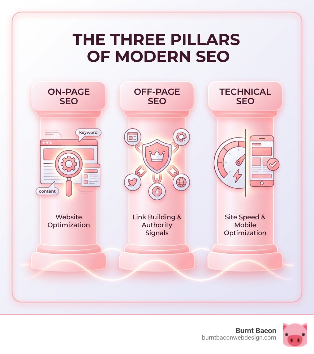 infographic showing three pillars of SEO: On-Page SEO with website optimization icon, Off-Page SEO with link building and authority signals, and Technical SEO with site speed and mobile optimization - seo firm utah infographic 