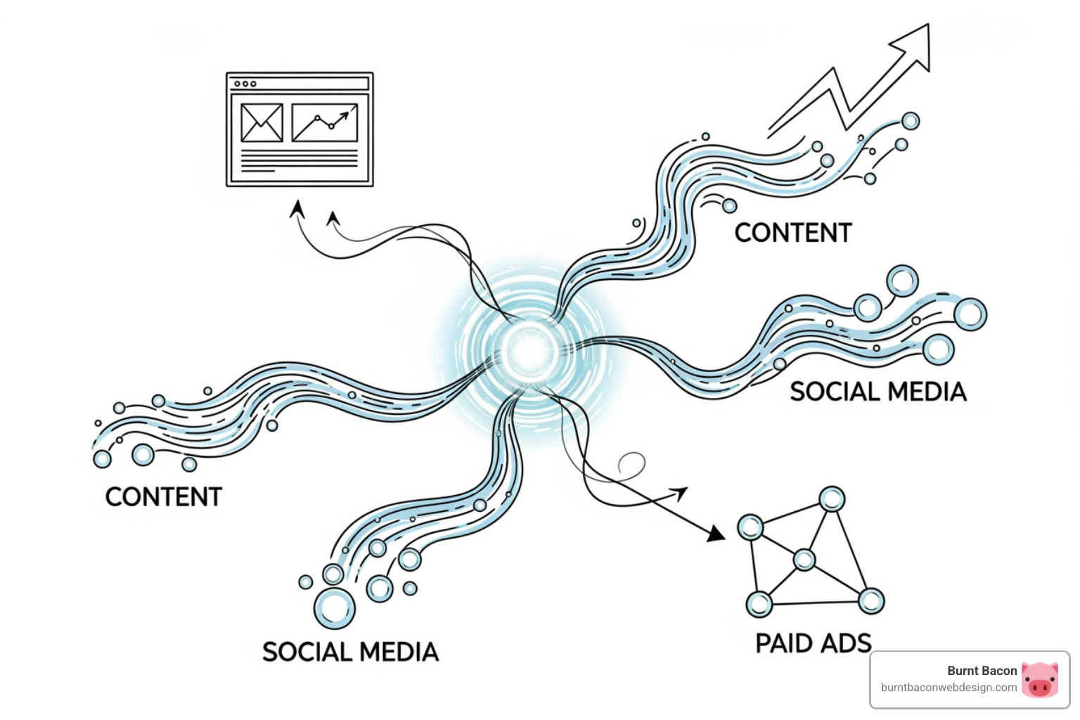 flowchart showing how different digital marketing services work together, with SEO as the central hub connecting web design, content, social media, and paid ads - seo firm utah