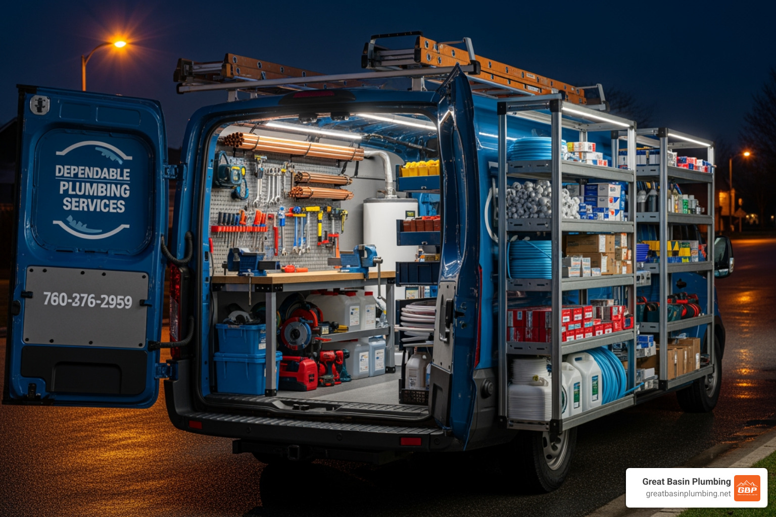 plumber's well-stocked service van at night - 24 7 plumber