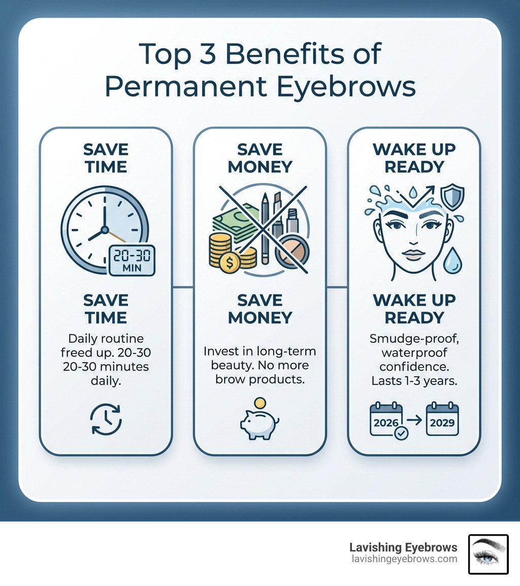 Infographic showing the top 3 benefits of permanent eyebrows: Save Time (20-30 minutes daily), Save Money (no more brow products), and Wake Up Ready (smudge-proof, waterproof confidence that lasts 1-3 years) - eyebrows permanent makeup near me infographic 
