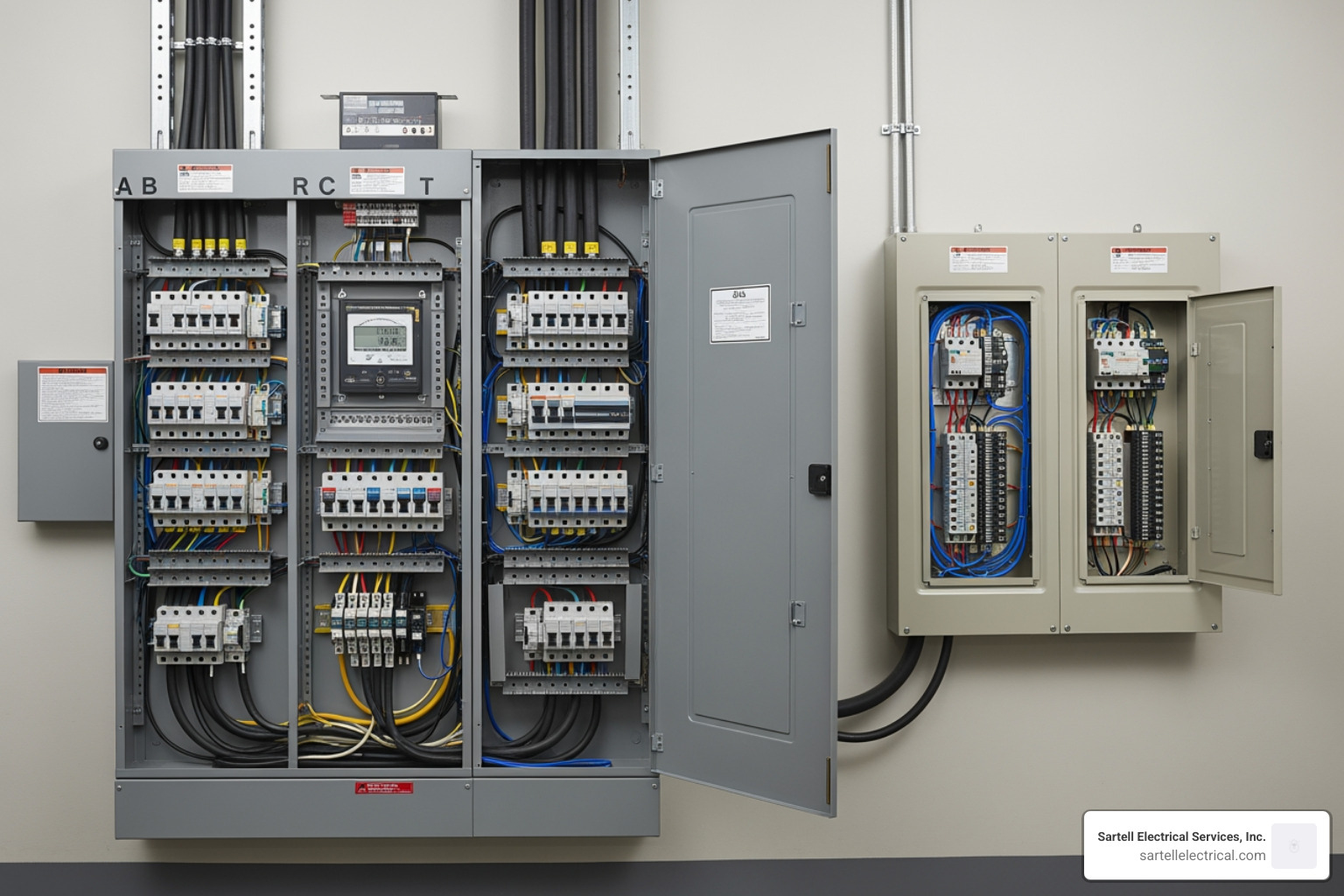 A three-phase electrical panel contrasted with a single-phase residential panel - Commercial building wiring A three-phase electrical panel contrasted with a single-phase residential panel - Commercial building wiring
