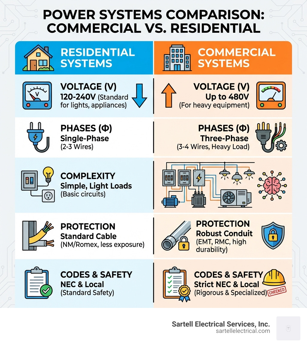Infographic comparing commercial and residential electrical systems, showing differences in voltage, phases, complexity, protection, and codes - Commercial building wiring infographic Infographic comparing commercial and residential electrical systems, showing differences in voltage, phases, complexity, protection, and codes - Commercial building wiring infographic