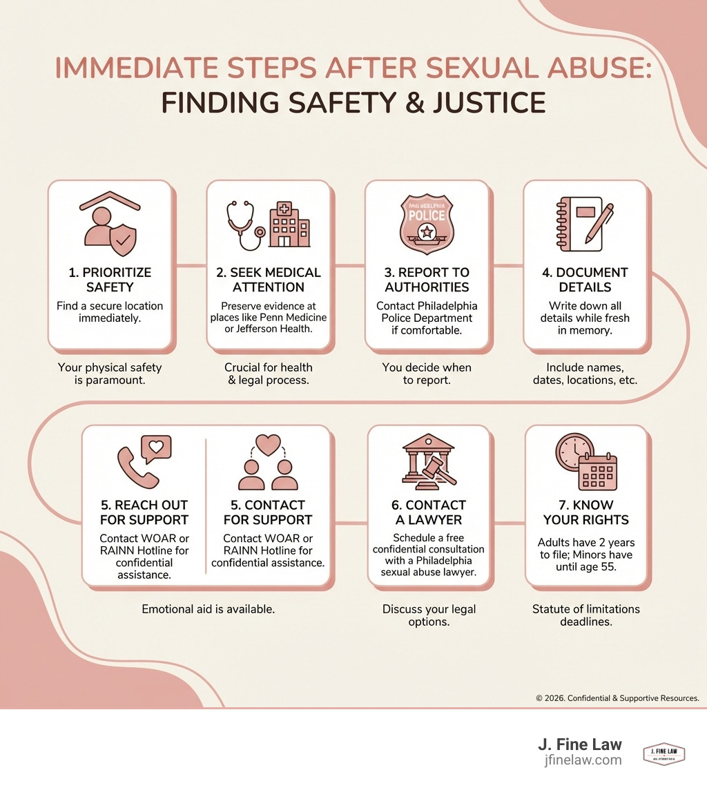Infographic showing immediate steps after sexual abuse: 1) Prioritize your safety and find a secure location, 2) Seek medical attention at places like Penn Medicine or Jefferson Health to preserve evidence, 3) Report to Philadelphia Police Department if you feel comfortable, 4) Document all details while fresh in memory, 5) Reach out for support through WOAR or RAINN Hotline, 6) Contact a Philadelphia sexual abuse lawyer for a free confidential consultation, 7) Know your rights - adults have 2 years to file civil claims, minors have until age 55 - Philadelphia sexual abuse lawyer infographic Infographic showing immediate steps after sexual abuse: 1) Prioritize your safety and find a secure location, 2) Seek medical attention at places like Penn Medicine or Jefferson Health to preserve evidence, 3) Report to Philadelphia Police Department if you feel comfortable, 4) Document all details while fresh in memory, 5) Reach out for support through WOAR or RAINN Hotline, 6) Contact a Philadelphia sexual abuse lawyer for a free confidential consultation, 7) Know your rights - adults have 2 years to file civil claims, minors have until age 55 - Philadelphia sexual abuse lawyer infographic