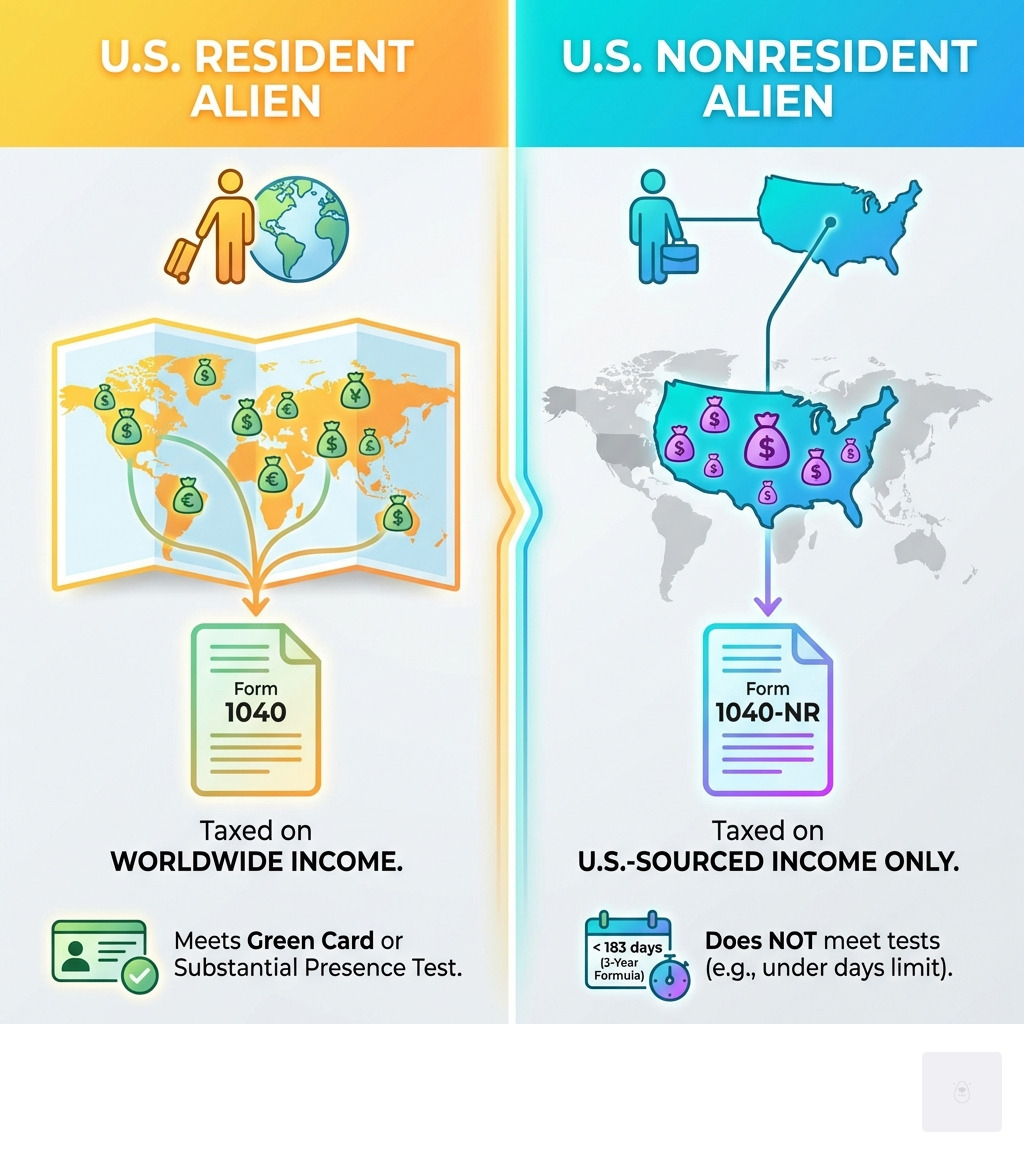 Infographic showing the basic distinction between a U.S. resident alien and a U.S. nonresident alien for tax filing purposes - 1040 nr online infographic Infographic showing the basic distinction between a U.S. resident alien and a U.S. nonresident alien for tax filing purposes - 1040 nr online infographic