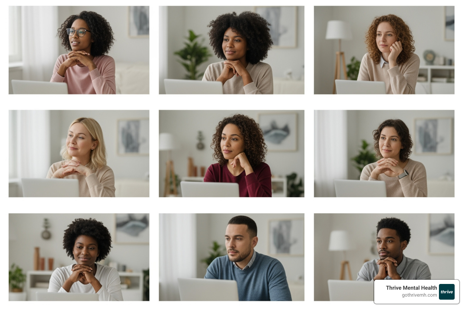 Grid of diverse individuals in a video call, representing a group therapy session - teletherapy for depression