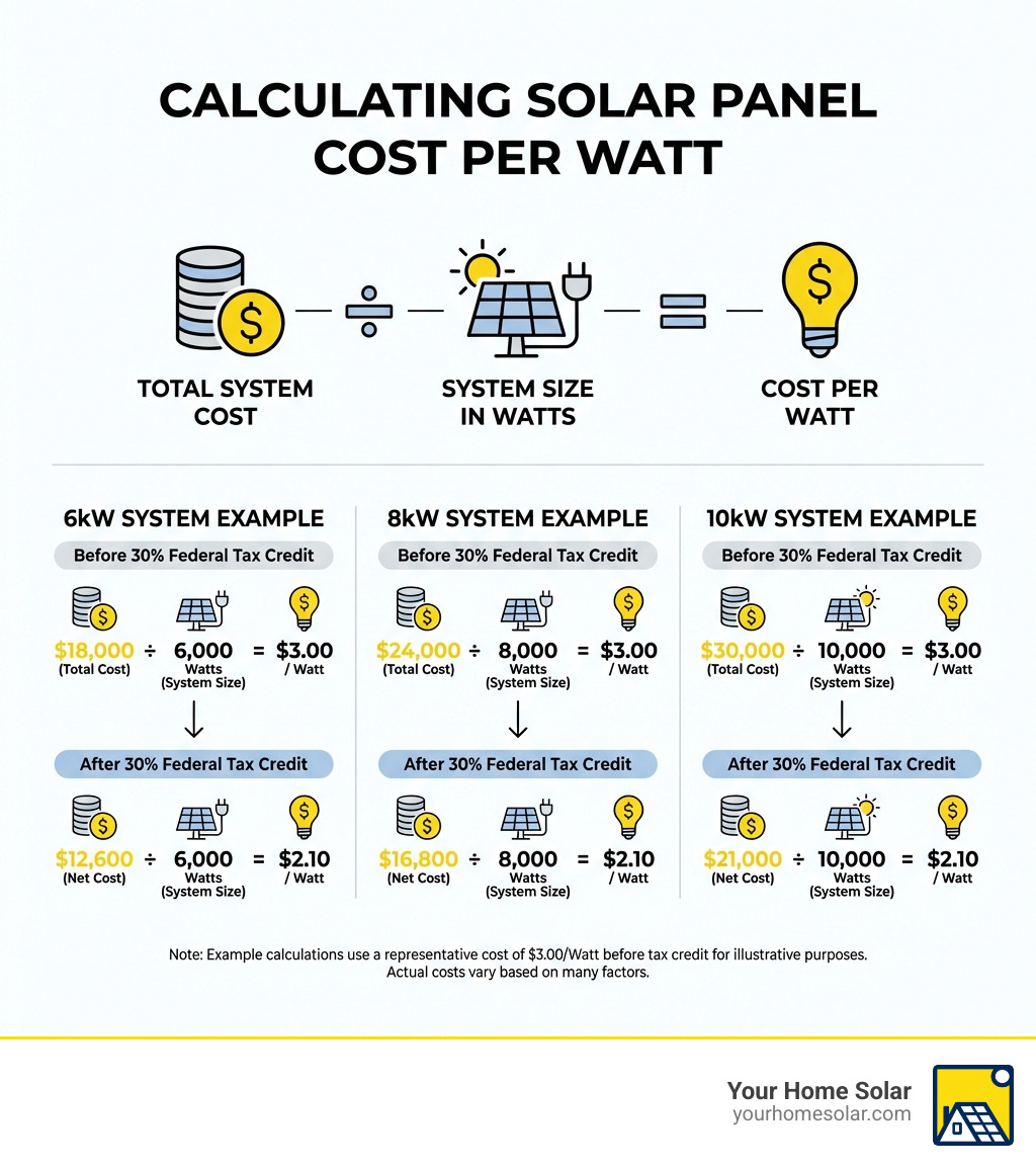 Infographic showing how to calculate solar panel cost per watt: Total System Cost divided by System Size in Watts equals Cost Per Watt, with example calculations for 6kW, 8kW, and 10kW systems before and after the 30% federal tax credit - average solar panel cost per watt infographic Infographic showing how to calculate solar panel cost per watt: Total System Cost divided by System Size in Watts equals Cost Per Watt, with example calculations for 6kW, 8kW, and 10kW systems before and after the 30% federal tax credit - average solar panel cost per watt infographic