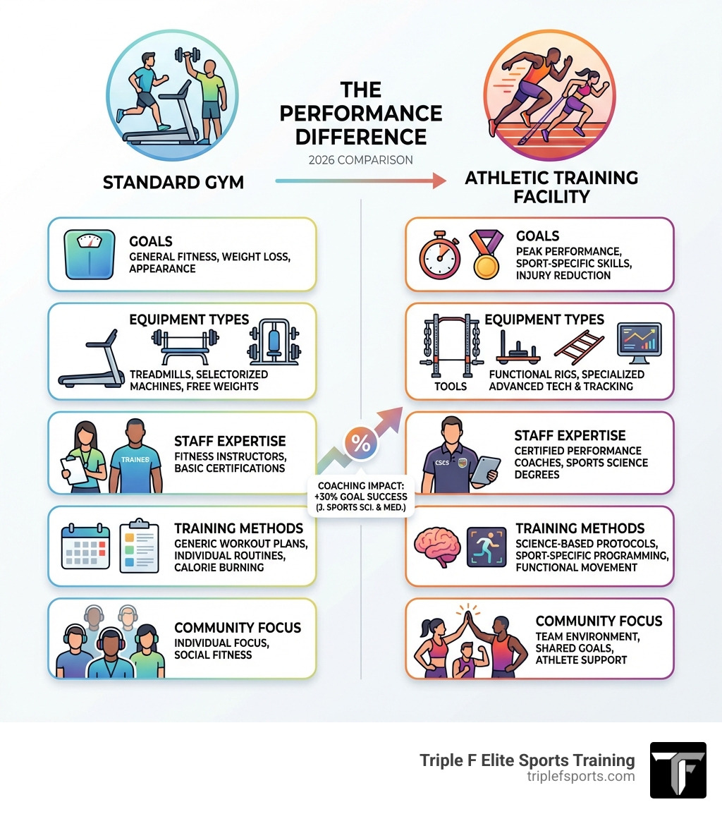 infographic comparing standard gym versus athletic training facility showing differences in goals, equipment types, staff expertise, training methods, and community focus - athletic training gyms near me infographic infographic comparing standard gym versus athletic training facility showing differences in goals, equipment types, staff expertise, training methods, and community focus - athletic training gyms near me infographic