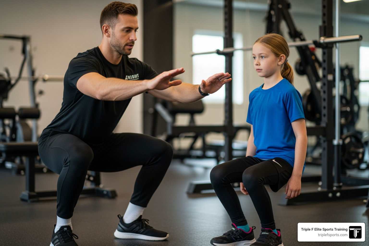 coach demonstrating a bodyweight squat to a young athlete - young athlete development coach demonstrating a bodyweight squat to a young athlete - young athlete development