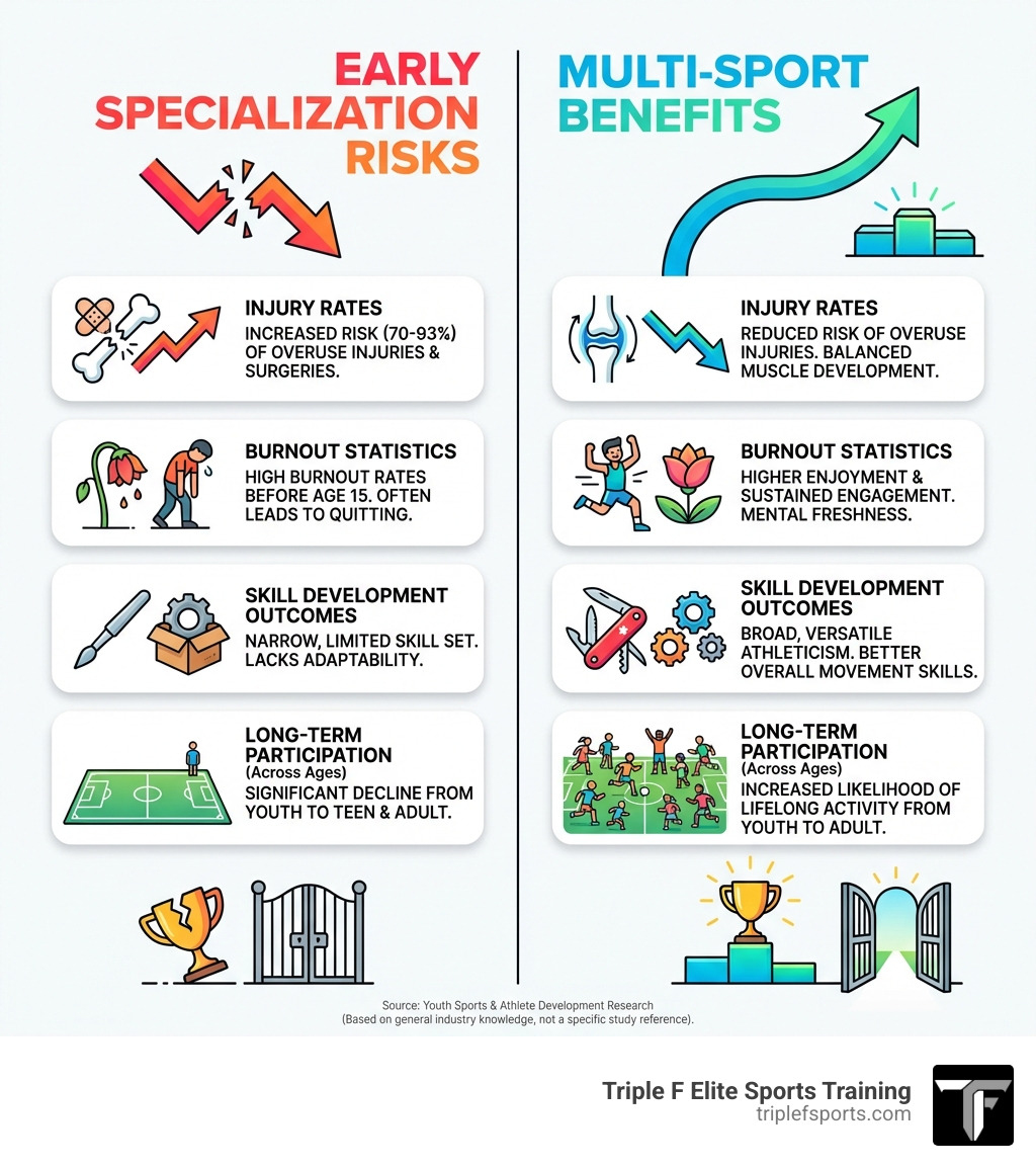 infographic showing comparison between early specialization risks versus multi-sport benefits, including injury rates, burnout statistics, skill development outcomes, and long-term participation rates across different age groups - young athlete development infographic infographic showing comparison between early specialization risks versus multi-sport benefits, including injury rates, burnout statistics, skill development outcomes, and long-term participation rates across different age groups - young athlete development infographic