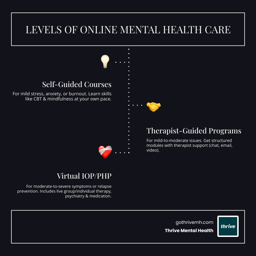 Infographic showing the spectrum of online mental health programs: self-guided courses at the foundation, therapist-guided programs in the middle, and virtual IOP/PHP at the top for intensive care, with arrows indicating increasing levels of support and clinical expertise - mental health programs online infographic infographic-line-3-steps-dark