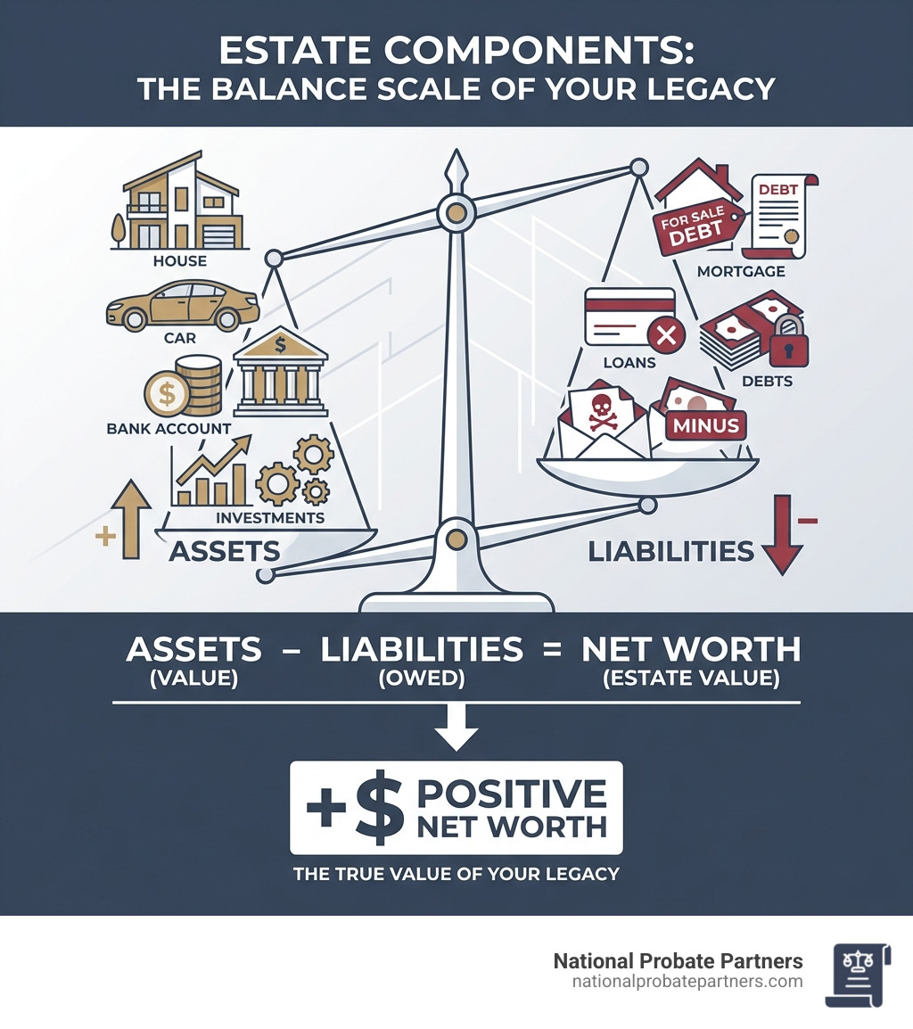 infographic showing estate components: a balance scale with assets (house, car, bank account, investments) on one side and liabilities (mortgage, loans, debts) on the other, with net worth calculated below - What is estate infographic 