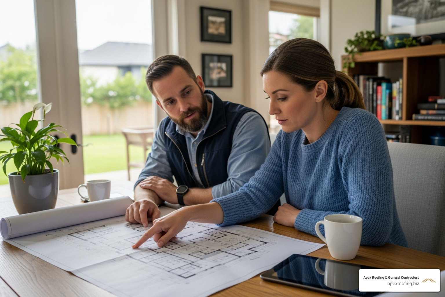 Homeowner reviewing blueprints with a contractor - Helotes general contractor