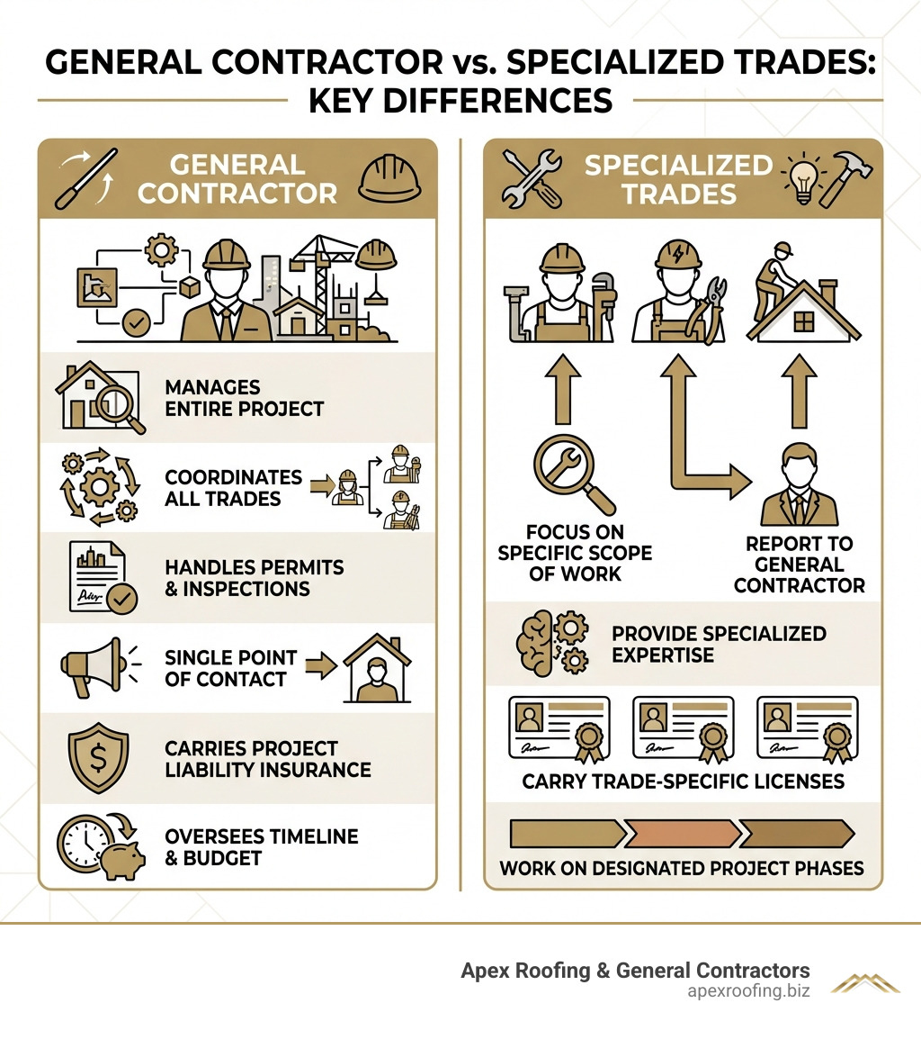 Infographic explaining the key differences between a General Contractor and Specialized Trades: General Contractor manages entire project, coordinates all trades, handles permits and inspections, provides single point of contact, carries project liability insurance, and oversees timeline and budget. Specialized Trades (Plumber, Electrician, Roofer) focus on specific scope of work, report to general contractor, provide specialized expertise, carry trade-specific licenses, and work on designated project phases. - Helotes general contractor infographic 