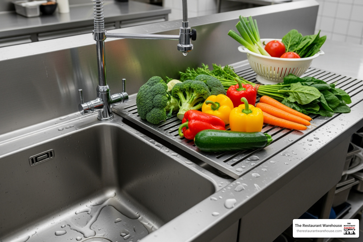 2-compartment sink with a large, integrated drainboard holding freshly washed vegetables. - 2 compartment restaurant sink 2-compartment sink with a large, integrated drainboard holding freshly washed vegetables. - 2 compartment restaurant sink