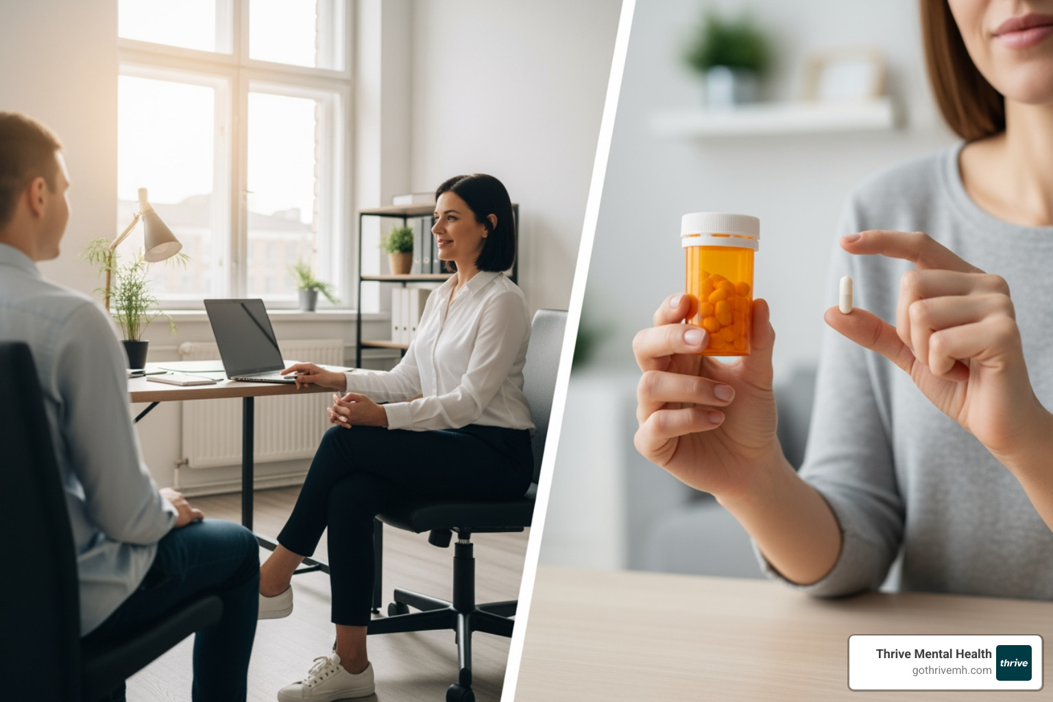 A split image showing a therapy session on one side and a person taking medication on the other, prompting comparison - cognitive behavioral therapy for general anxiety disorder