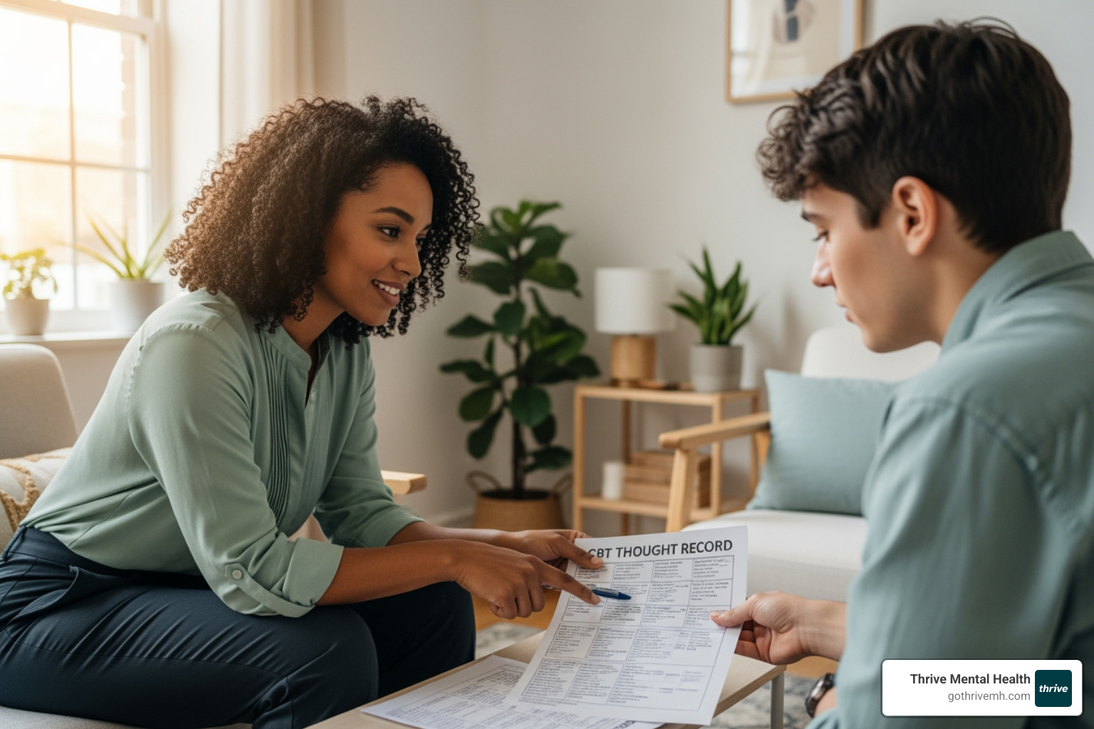 A therapist and client reviewing a CBT thought record worksheet together, highlighting collaboration - cognitive behavioral therapy for general anxiety disorder