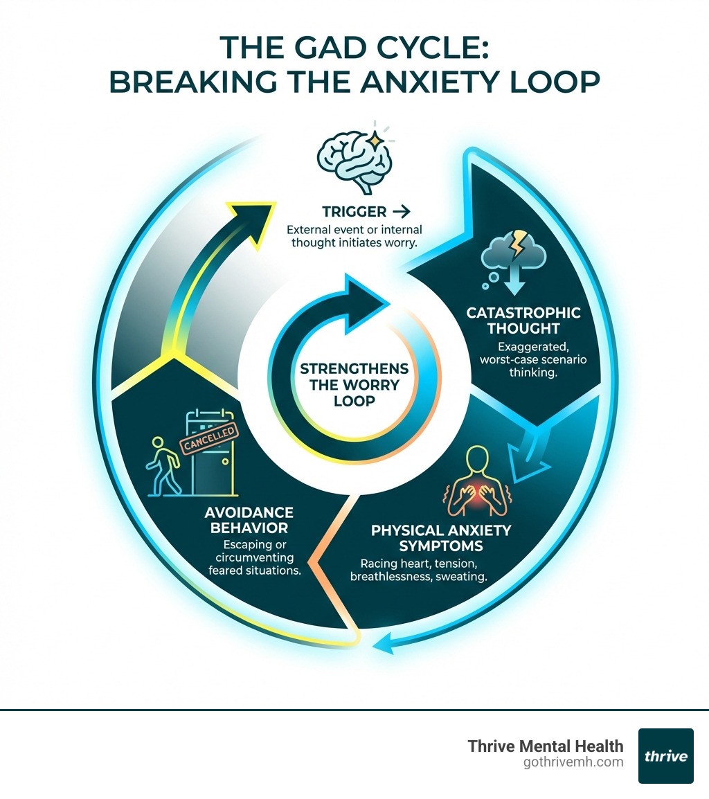 Infographic showing the GAD cycle: trigger leads to catastrophic thought, which triggers physical anxiety symptoms, which reinforces avoidance behavior, which strengthens the worry loop - cognitive behavioral therapy for general anxiety disorder infographic 