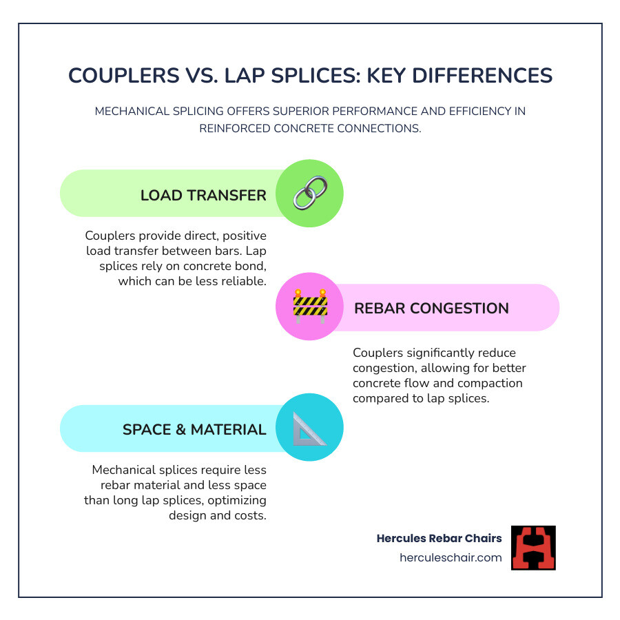 Infographic comparing lap splice versus mechanical rebar coupler connection showing direct load transfer, reduced congestion, and space requirements for each method - types of rebar couplers infographic infographic-line-3-steps-colors