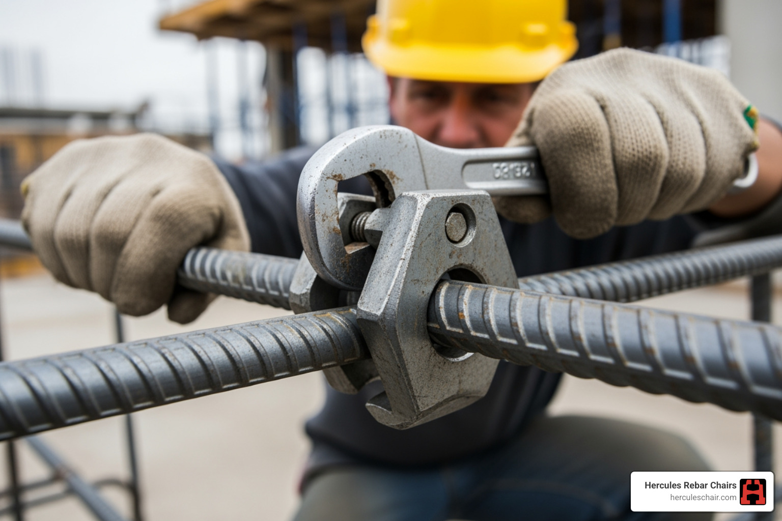 A close-up image of a construction worker in safety gloves and hard hat, using a wrench to tighten a threaded rebar coupler connecting two reinforcing bars. The focus is on the coupler and the worker's hands. - types of rebar couplers