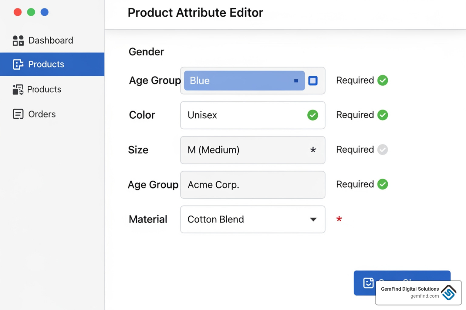 Google Merchant Center interface showing various required product attributes for an apparel item, including gender, age_group, color, size, material, and brand, with green checkmarks indicating compliance. - is jewelry considered apparel in google ads