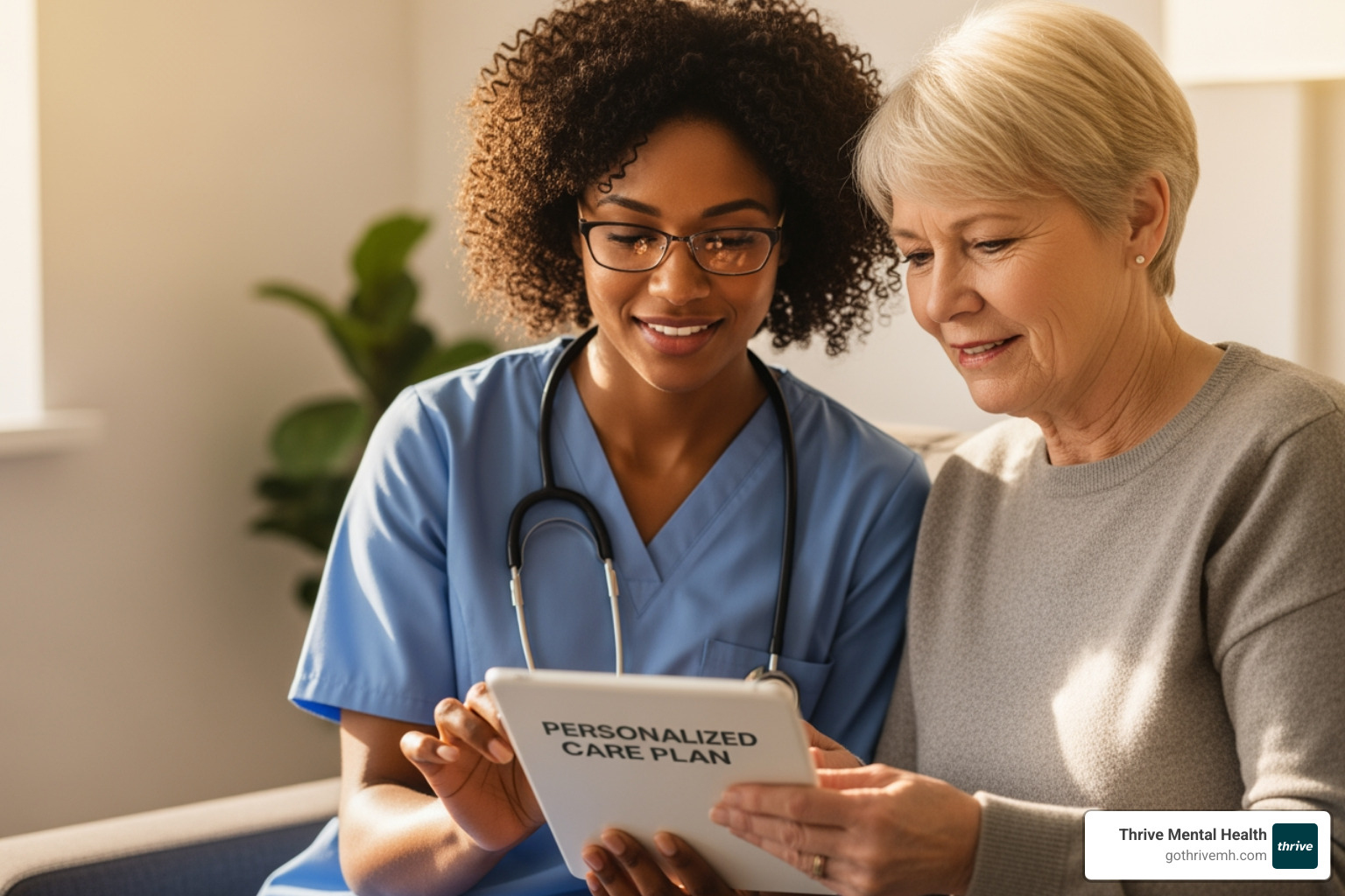 healthcare provider and patient collaboratively reviewing a document on a tablet - personalized care plans