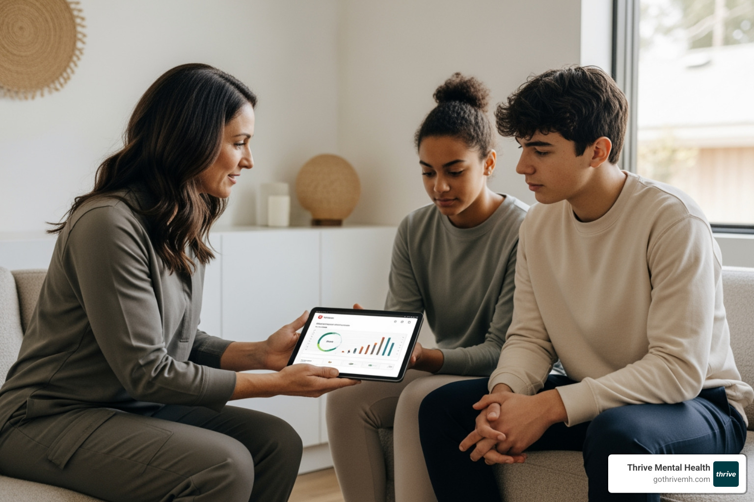 Therapist and a teen reviewing a progress chart on a tablet - center based aba therapy for teens and young adults