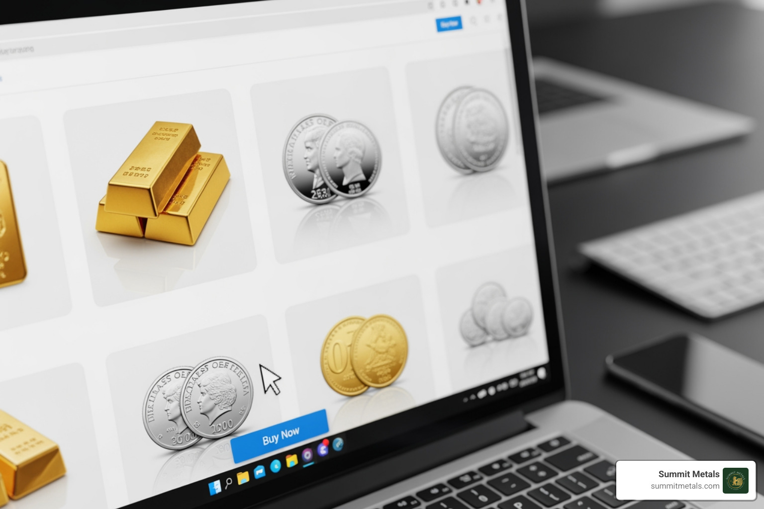 A diverse collection of gold and silver products, including American Eagle coins, Canadian Maple Leaf coins, and various sized bars. - purchase gold and silver online