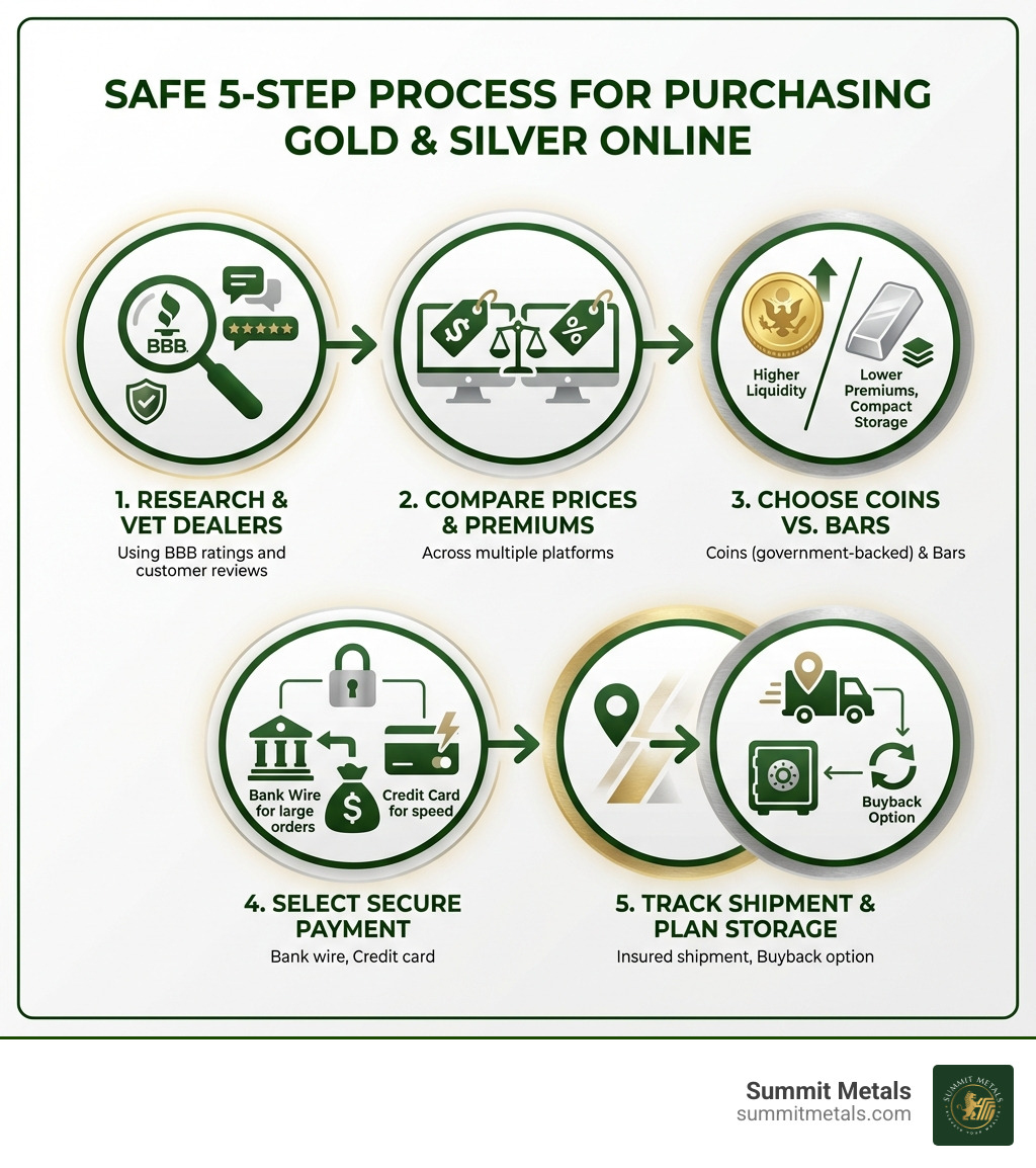 Infographic showing the 5-step process to safely purchase gold and silver online: 1) Research and vet dealers using BBB ratings and customer reviews, 2) Compare prices and premiums across multiple platforms, 3) Choose between coins (higher liquidity, government-backed) and bars (lower premiums, compact storage), 4) Select secure payment method (bank wire for large orders, credit card for speed), 5) Track insured shipment and plan storage strategy with buyback option - purchase gold and silver online infographic 