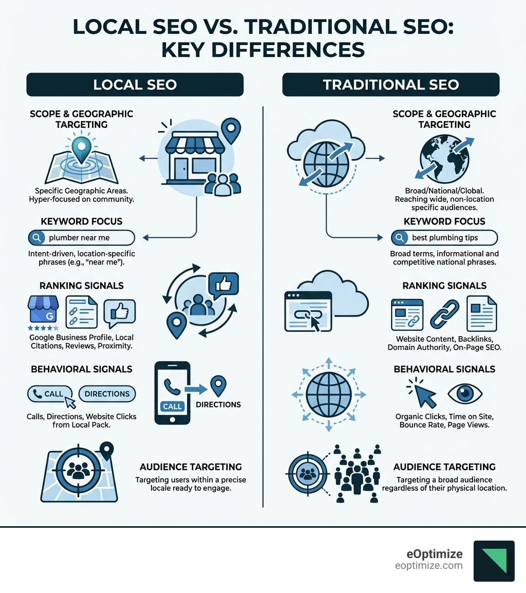infographic comparing local seo vs traditional seo showing scope differences, geographic targeting, keyword focus on near me searches, ranking signals including google business profile and citations, behavioral signals like calls and directions, and audience targeting within specific geographic areas - Local SEO agency infographic 