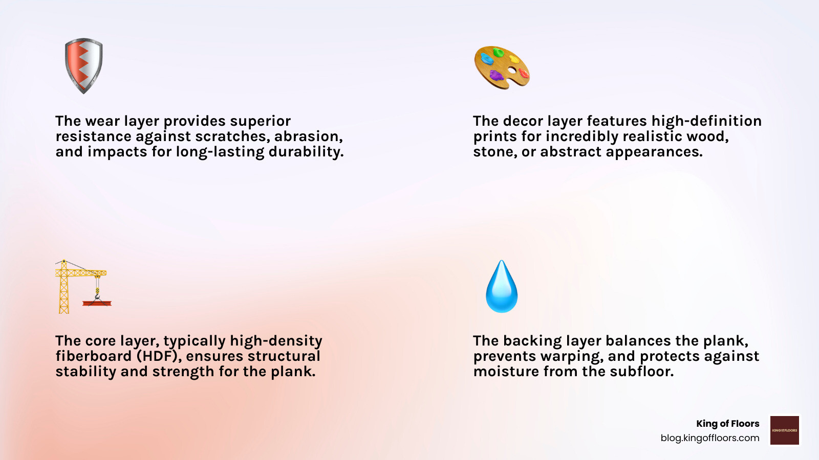 Infographic showing the four layers of European laminate flooring: wear layer for durability, decorative layer for realistic appearance, high-density core for stability, and backing layer for moisture protection - European laminate flooring infographic 4_facts_emoji_light-gradient