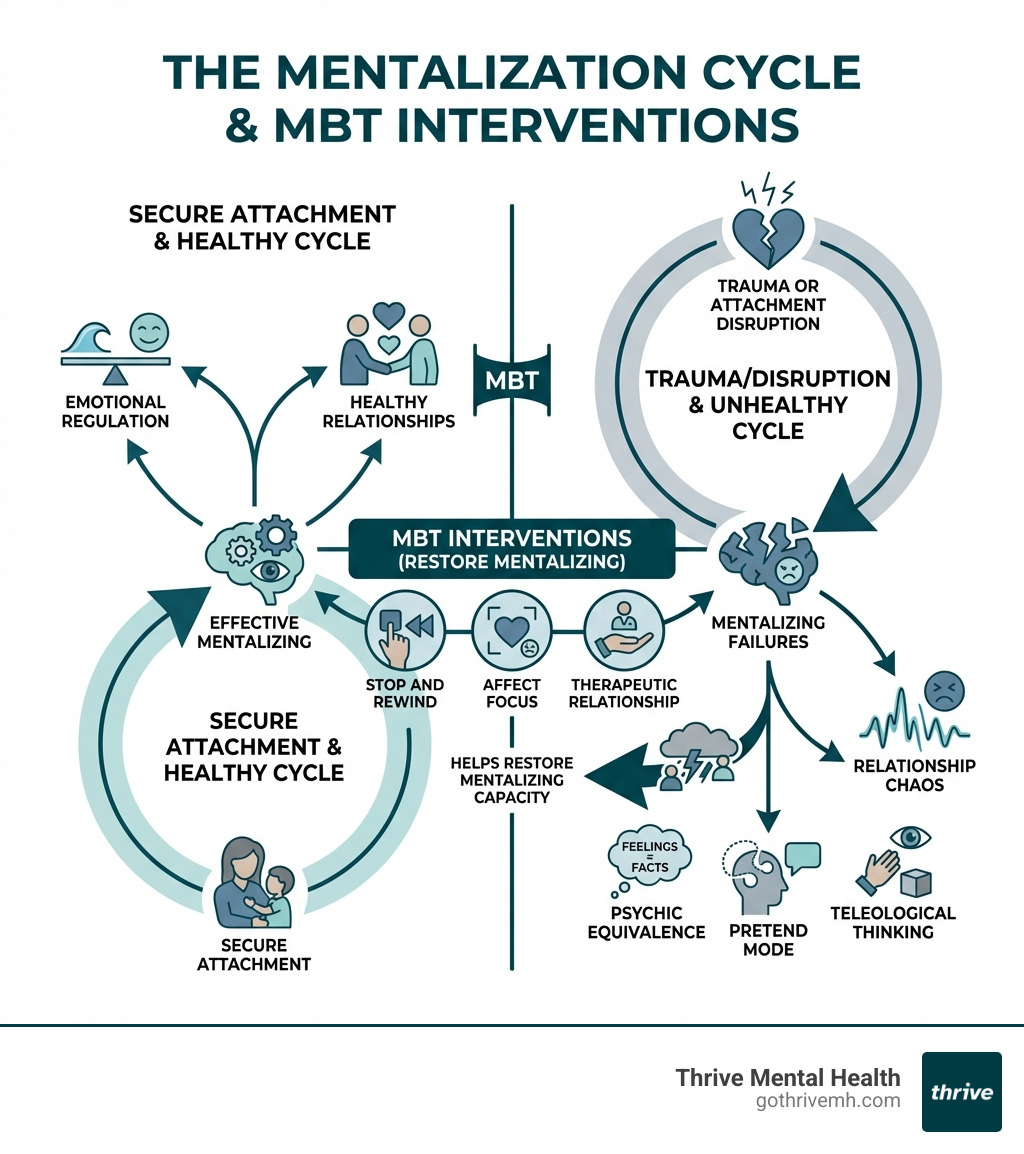 infographic showing the mentalization cycle: secure attachment leads to effective mentalizing, which enables emotional regulation and healthy relationships; trauma or attachment disruption leads to mentalizing failures including psychic equivalence pretend mode and teleological thinking, which cause relationship chaos and emotional dysregulation; MBT interventions like stop and rewind affect focus and therapeutic relationship help restore mentalizing capacity - mentalization based therapy book infographic 