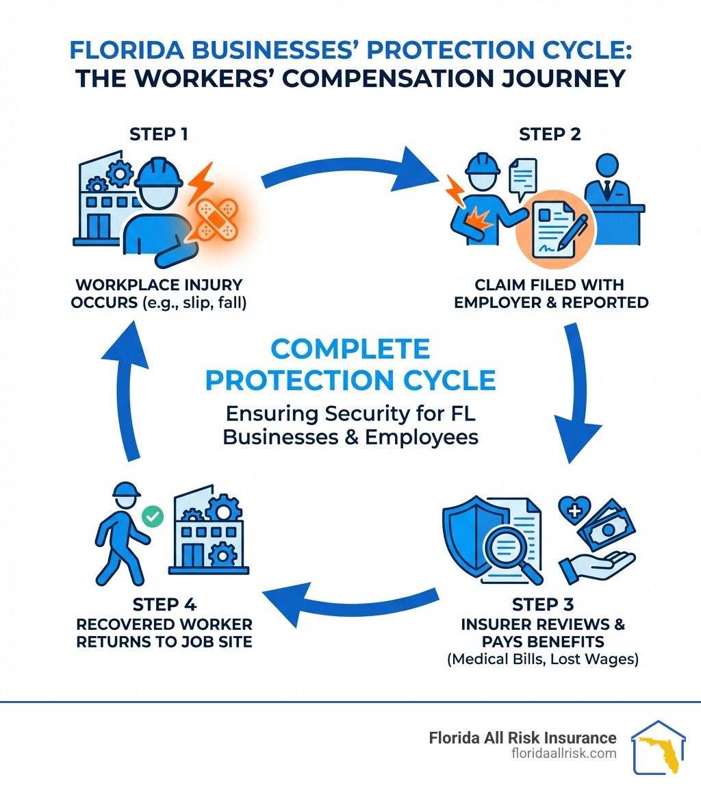 Infographic showing the workers' compensation cycle: Step 1 shows a worker with an injury icon at a workplace; Step 2 shows the worker filing a claim form with their employer; Step 3 shows an insurance carrier reviewing documents and issuing payment for medical bills and wages; Step 4 shows the recovered worker returning to their job site, creating a complete protection cycle for Florida businesses - do you need workers compensation insurance infographic Infographic showing the workers' compensation cycle: Step 1 shows a worker with an injury icon at a workplace; Step 2 shows the worker filing a claim form with their employer; Step 3 shows an insurance carrier reviewing documents and issuing payment for medical bills and wages; Step 4 shows the recovered worker returning to their job site, creating a complete protection cycle for Florida businesses - do you need workers compensation insurance infographic