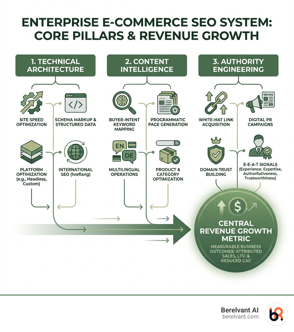 Infographic showing the three core pillars of an enterprise e-commerce SEO system: Technical Architecture (site speed, schema markup, platform optimization, international SEO), Content Intelligence (buyer-intent keyword mapping, programmatic page generation, multilingual operations, product optimization), and Authority Engineering (white-hat link acquisition, digital PR, domain trust building, E-E-A-T signals). Each pillar connects to a central revenue growth metric, illustrating how technical, content, and authority work together to drive measurable business outcomes. - E-commerce SEO expert infographic 