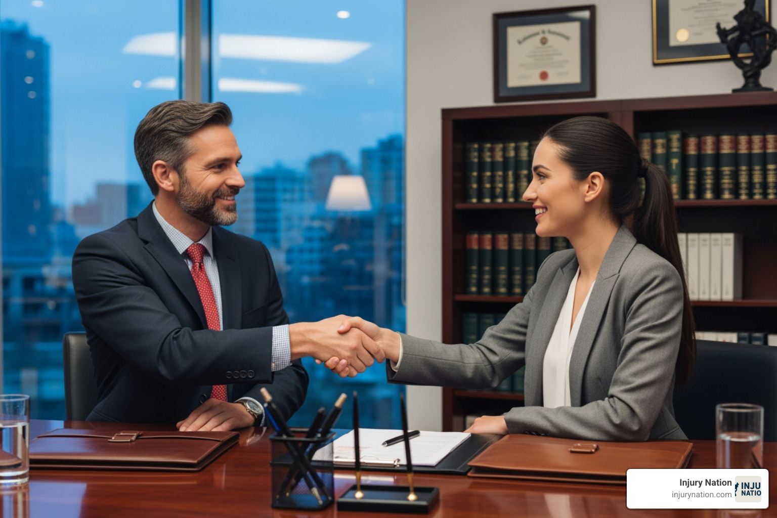 A lawyer and client shaking hands across a desk - best rated personal injury lawyers