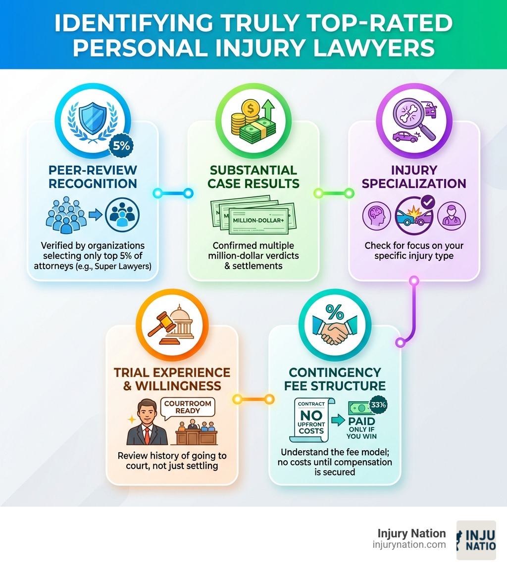 Infographic showing how to identify truly top-rated personal injury lawyers: 1) Verify peer-review recognition from organizations selecting only top 5% of attorneys, 2) Confirm substantial case results with multiple million-dollar verdicts and settlements, 3) Check specialization in your specific injury type, 4) Review trial experience and willingness to go to court, 5) Understand contingency fee structure with no upfront costs - best rated personal injury lawyers infographic 
