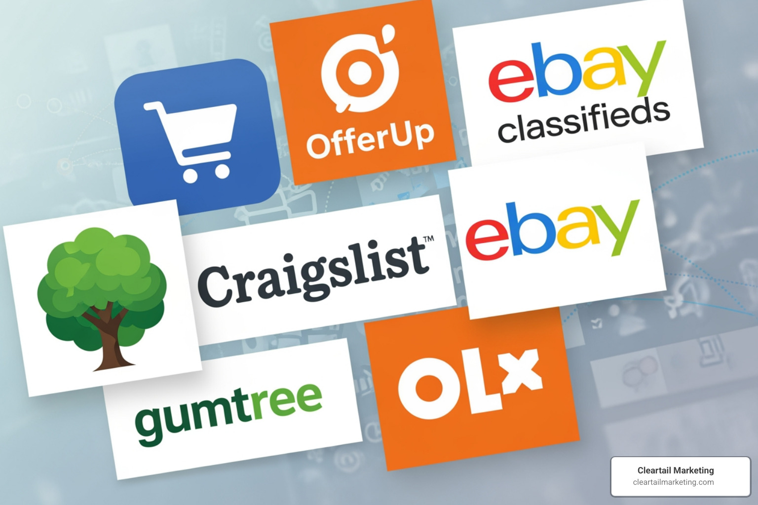 collage of popular classified website logos like Craigslist, OfferUp, and Facebook Marketplace - classified sales websites collage of popular classified website logos like Craigslist, OfferUp, and Facebook Marketplace - classified sales websites