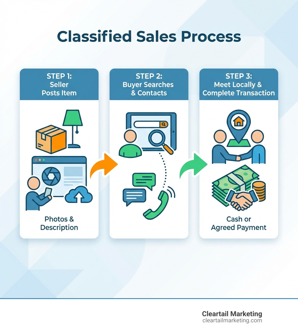 infographic showing the classified sales process: step 1 - seller posts item with photos and description, step 2 - buyer searches and contacts seller, step 3 - buyer and seller meet locally to complete transaction - classified sales websites infographic infographic showing the classified sales process: step 1 - seller posts item with photos and description, step 2 - buyer searches and contacts seller, step 3 - buyer and seller meet locally to complete transaction - classified sales websites infographic
