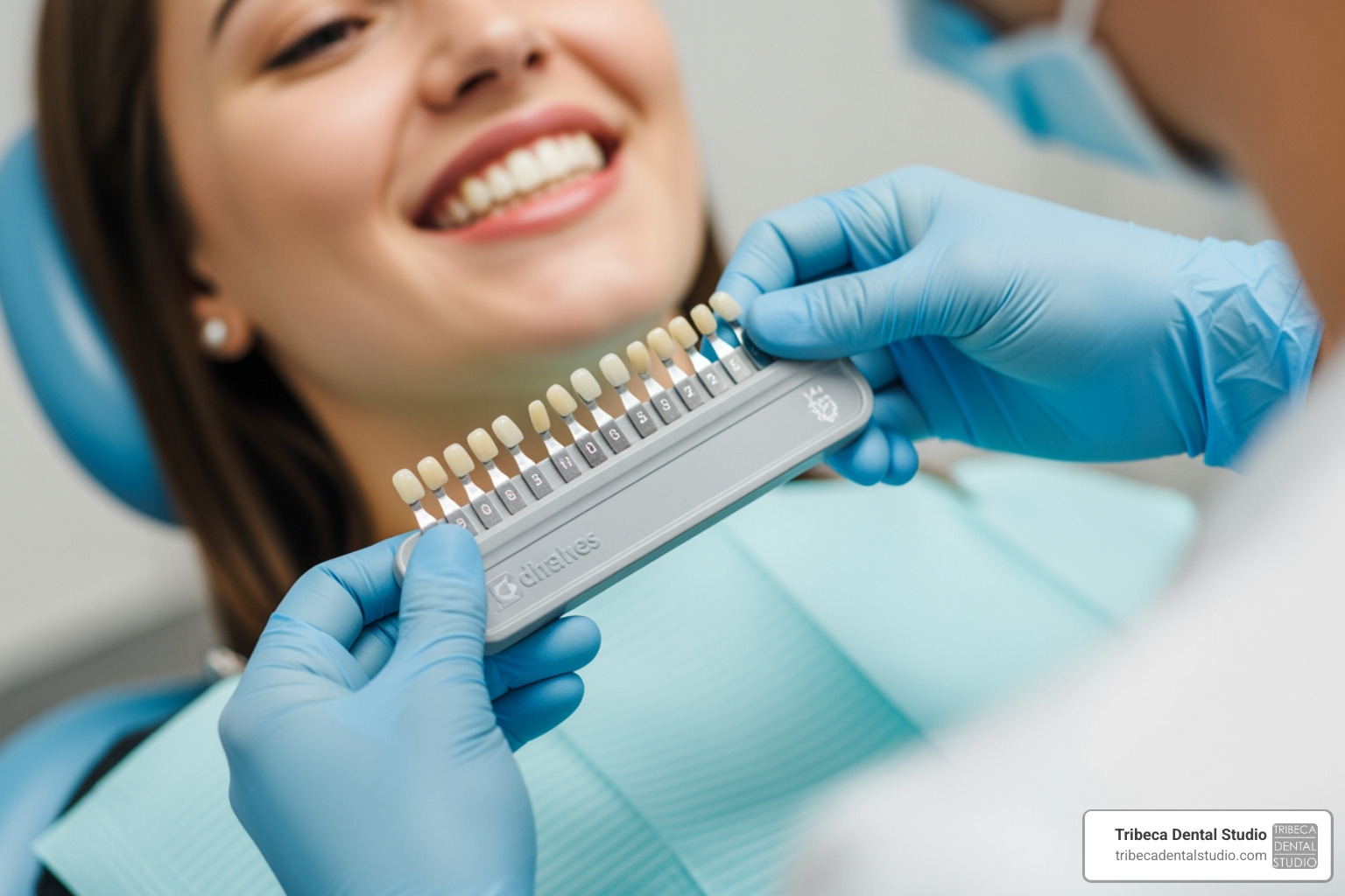 dentist color-matching a crown to a patient's teeth - cosmetic dental crown dentist color-matching a crown to a patient's teeth - cosmetic dental crown