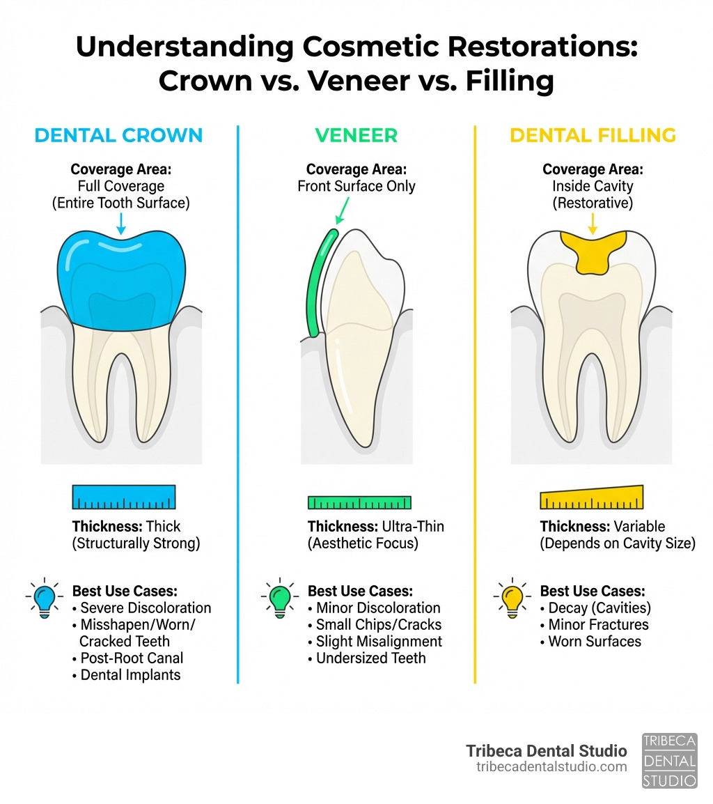 infographic explaining the visual differences between a dental crown covering an entire tooth, a veneer covering only the front surface, and a dental filling inside a tooth cavity, with labels indicating coverage area, thickness, and best use cases for each - cosmetic dental crown infographic infographic explaining the visual differences between a dental crown covering an entire tooth, a veneer covering only the front surface, and a dental filling inside a tooth cavity, with labels indicating coverage area, thickness, and best use cases for each - cosmetic dental crown infographic