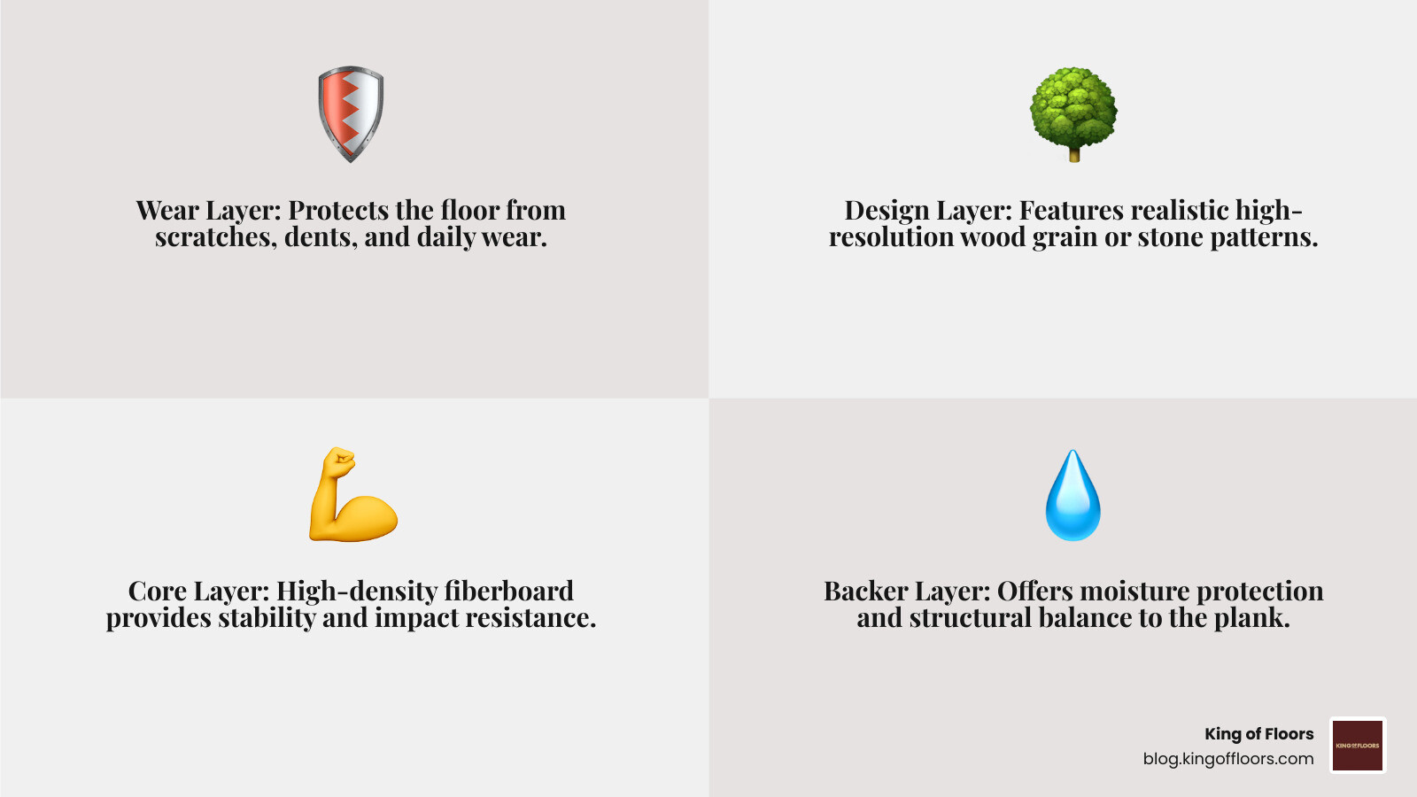 Infographic showing the four key layers of laminate flooring: top wear layer for scratch resistance, design layer for realistic wood appearance, high-density core for stability, and bottom backer layer for moisture protection - laminate flooring best seller infographic 4_facts_emoji_grey