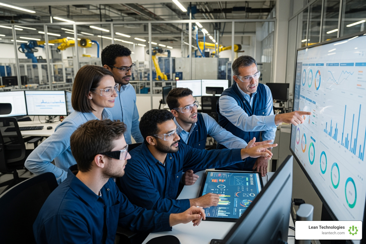 team collaborating around a large digital screen showing production data - digitales shopfloor board team collaborating around a large digital screen showing production data - digitales shopfloor board