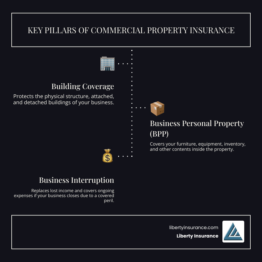 Infographic showing three pillars of commercial property insurance: Building Coverage (protecting the physical structure and attached/detached buildings), Business Personal Property Coverage (protecting equipment, inventory, furniture, and computers), and Business Interruption Coverage (protecting lost income and operating expenses during closures) - property insurance New Jersey infographic infographic-line-3-steps-dark