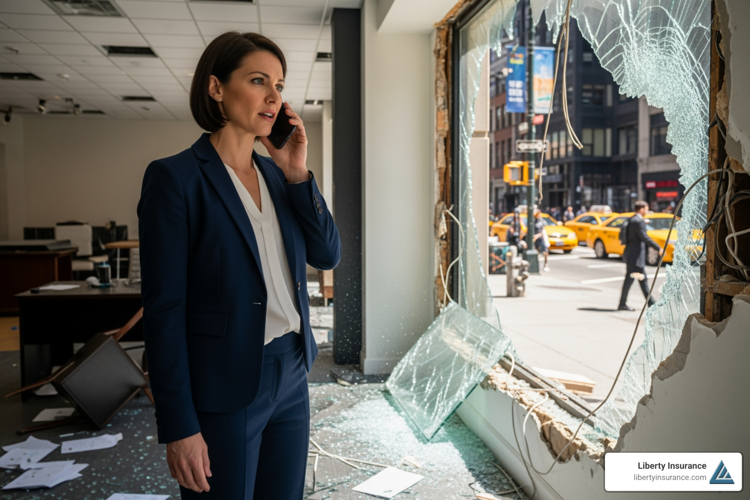 business owner on phone looking at property damage - property insurance New Jersey